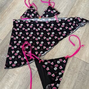 Betsey Johnson black pink 3 piece bikini set coverup sarong and top and bottoms